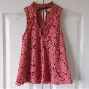 Pink Sleeveless Floral Lace High Neck Tank Top